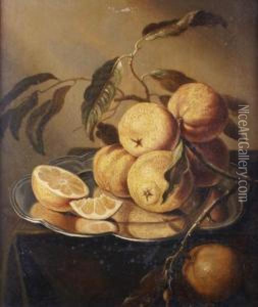 Citrons Sur Un Plateau D'argent Pose Sur Un Entablement Oil Painting - Floris Gerritsz. van Schooten