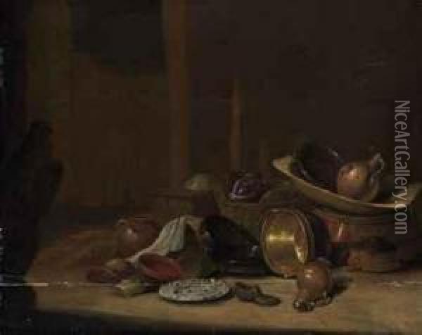 Cabbages In A Basket, A Strainer And An Earthenware Jug In A Woodenwashtub On A Barrel, With Copper Buckets, Pots And Pans, Awesterwald Stoneware Jug, A Shoe And A China Plate Nearby, In Abarn Oil Painting - Pieter van Steenwyck