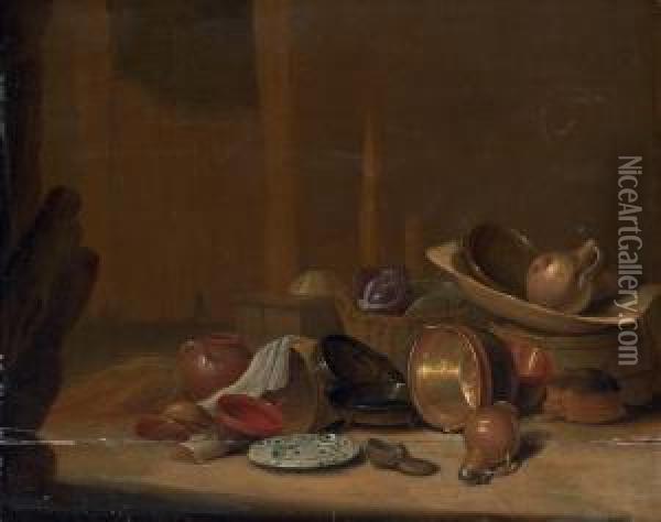 Cabbages In A Basket, A Strainer And An Earthenware Jug In A Wooden Washtub On A Barrel, With Copper Buckets, Pots And Pans, A Westerwald Stoneware Jug, A Shoe And A China Plate Nearby, In A Barn Oil Painting - Pieter van Steenwyck