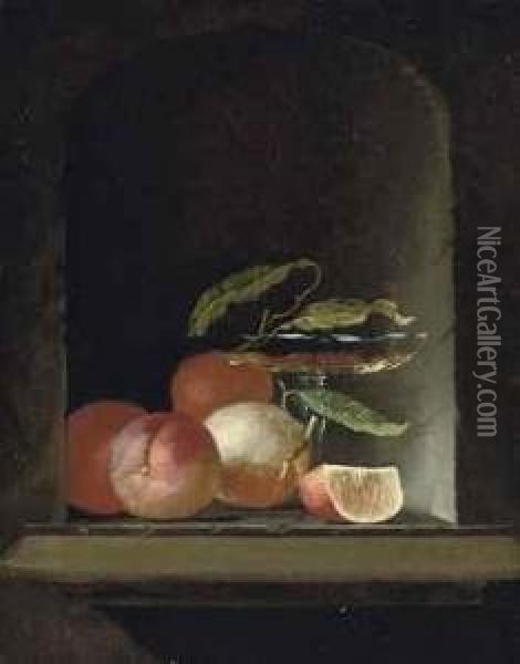 A Glass Roemer, Vine Leaves And Oranges In A Stone Niche Oil Painting - Juriaen van Streeck