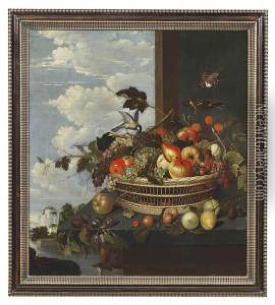 A Wicker Basket With Grapes, Apples, Pears And Plums On A Ledge With A Sparrow And A Coal Tit, A View To A Classical Garden Beyond Oil Painting - Adriaen van Utrecht