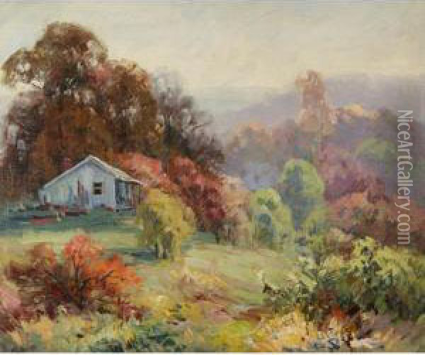Brown County Autumn Vista With Cabin Oil Painting - John William, Will Vawter