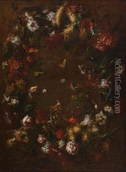 Grosses Blumenstuck Mit Vogeln, Schmetterlingen Und Faltern Oil Painting - Caspar Pieter I Verbrugghen
