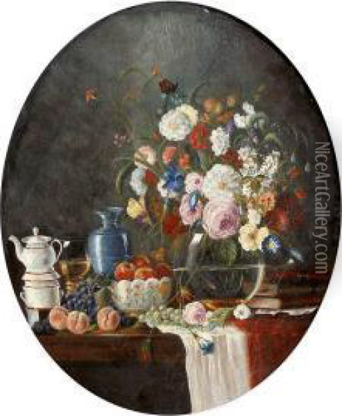 Naturemorte Aux Livres, Fruits Et Vase Fleuris Oil Painting - Francois Vernay