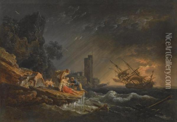 A Shipwreck At Night Off The Coast Oil Painting - Claude-joseph Vernet