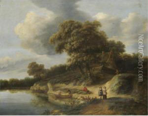 A River Landscape With Figures In Rowing Boats And An Elegant Couple On The River Bank Oil Painting - Hendrick Van Der Straaten