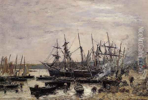 Camaret, Fishing Boats at Dock Oil Painting - Eugene Boudin