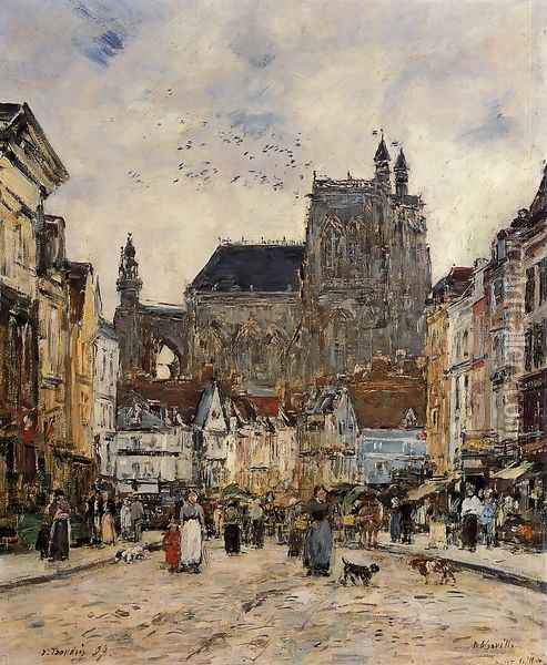 Abbeville, Street and the Church of Saint-Vulfran Oil Painting - Eugene Boudin