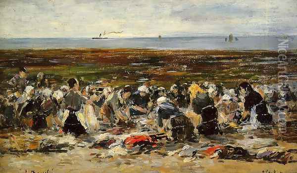 Etretat, Laundresses on the Beach, Low Tide Oil Painting - Eugene Boudin