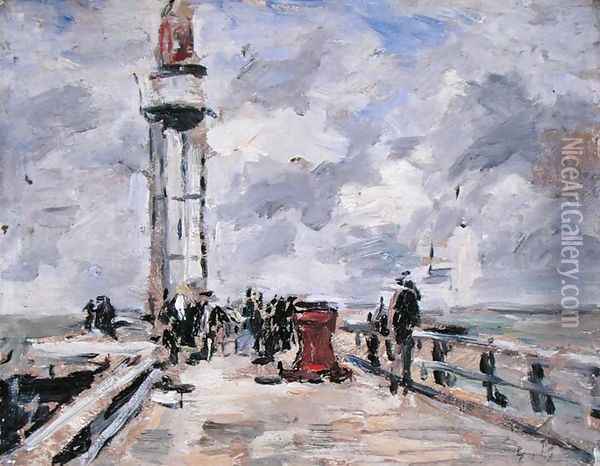 The Jetty and Lighthouse at Honfleur c.1885-90 Oil Painting - Eugene Boudin