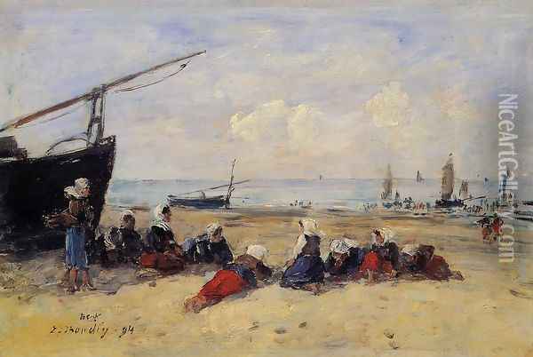 Berck, Fisherwomen on the Beach, Low Tide Oil Painting - Eugene Boudin