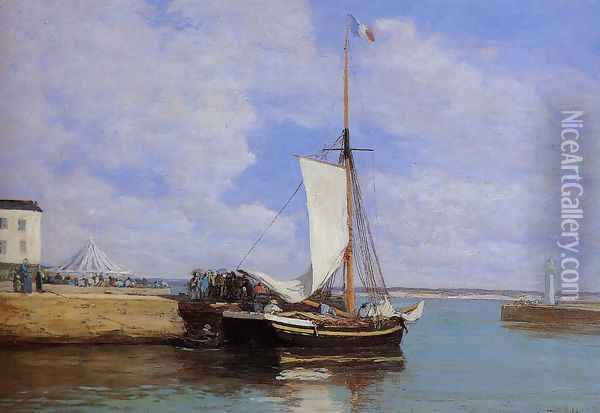 Honfleur, the Port, Docked Sailboat Oil Painting - Eugene Boudin