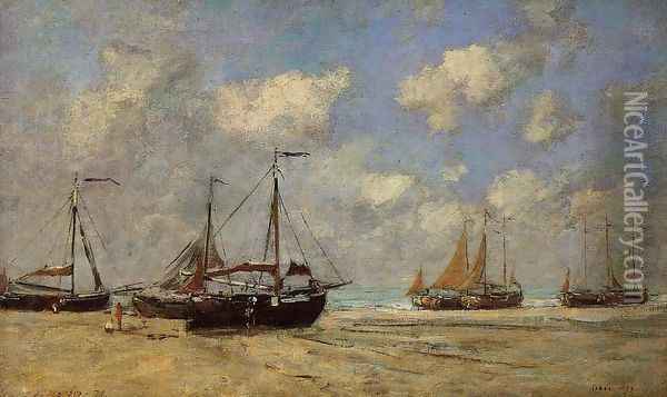 Scheveningen, Boats Aground on the Shore Oil Painting - Eugene Boudin