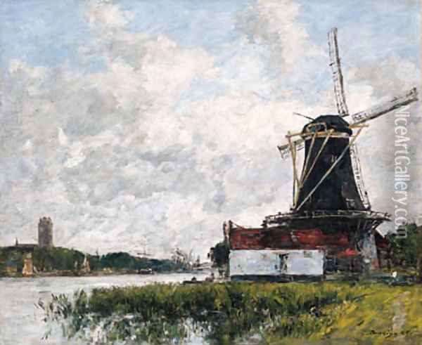 Dordrecht, moulin sur les bords de la Meuse (Dordrecht, Mill on the Banks of the Meuse) Oil Painting - Eugene Boudin