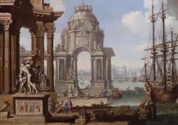 Capriccio Con Veduta Dinobili Architetture Presso Un Porto Oil Painting - (Giovanni Antonio Canal) Canaletto