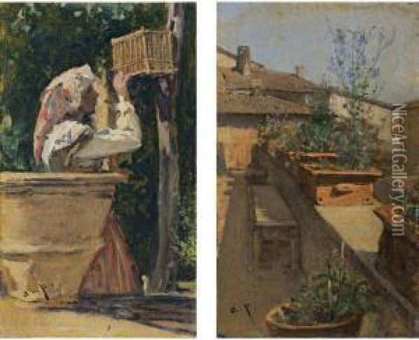 Ein Madchen Beim Vogelkafig (the Birdcage); Ein Dachgarten (a Roofgarden): A Pair Oil Painting - August Xaver Karl von Pettenkofen
