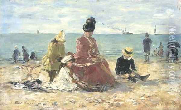 Sur la plage (Le repos, plage de Trouville) Oil Painting - Eugene Boudin
