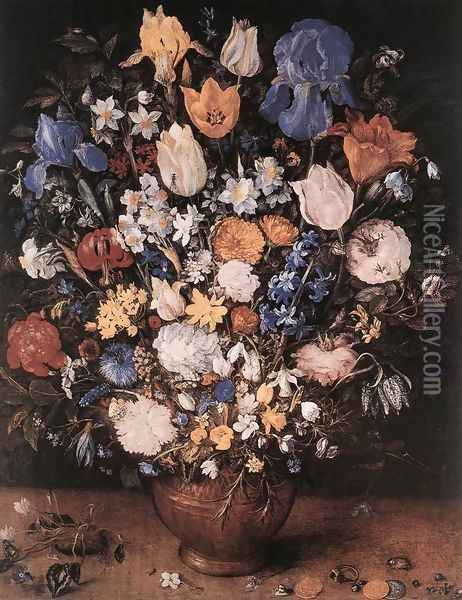 Bouquet in a Clay Vase 1599-1607 Oil Painting - Jan The Elder Brueghel