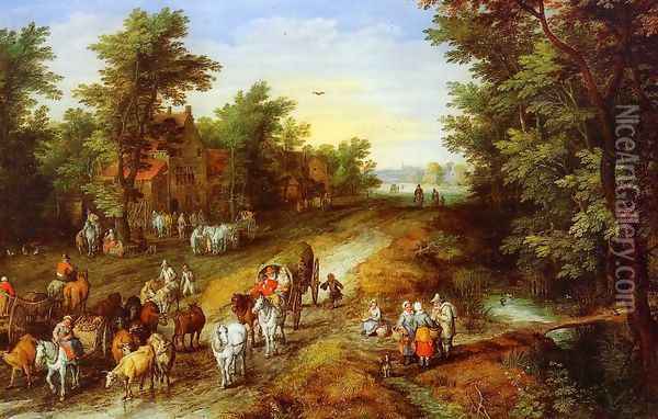 Rustic Landscape with Inn and Travellers Oil Painting - Jan The Elder Brueghel