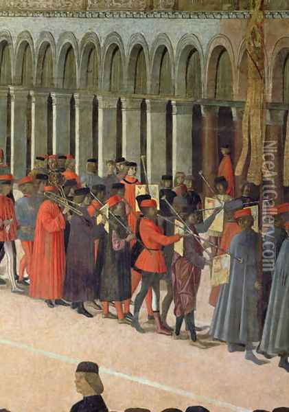 Musicians, detail from the Procession of the Cross in St. Mark's Square, 1496 Oil Painting - Gentile Bellini