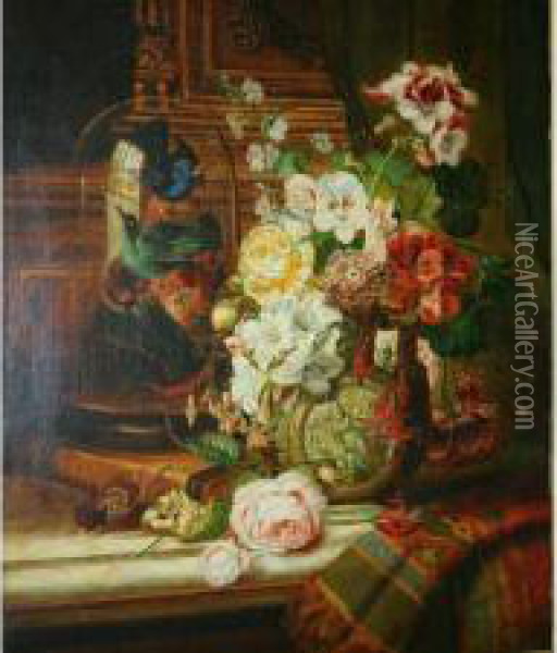 Still Life Of Flowers In A Stoneware Vase Oil Painting - John Wainwright
