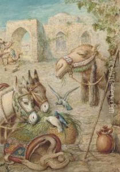 Donkeys And A Camel Resting At The Wayside Oil Painting - William J. Webbe or Webb