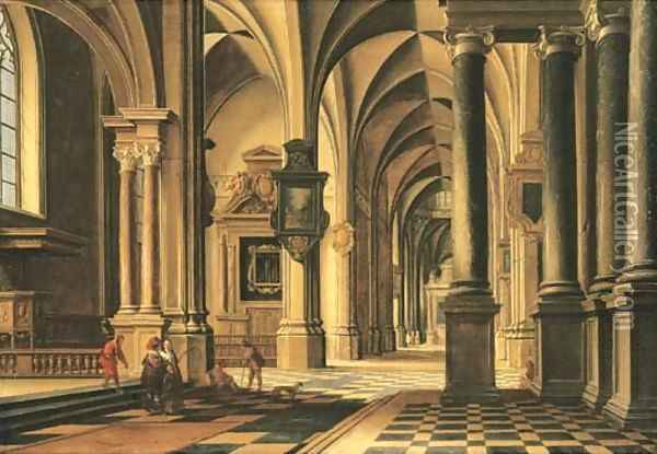 A church interior with elegant company conversing in the aisle Oil Painting - Bartholomeus Van Bassen