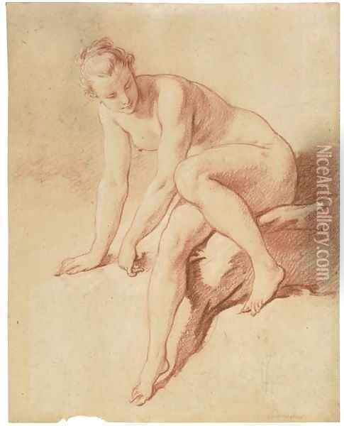 A seated female nude leaning forward and looking down to the right Oil Painting - Francois Boucher