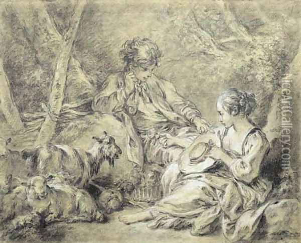 A young shepherdess presenting a flower to a shepherd Oil Painting - Francois Boucher