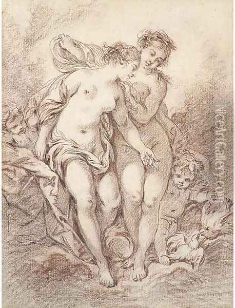 Two nymphs with putti and doves Oil Painting - Francois Boucher