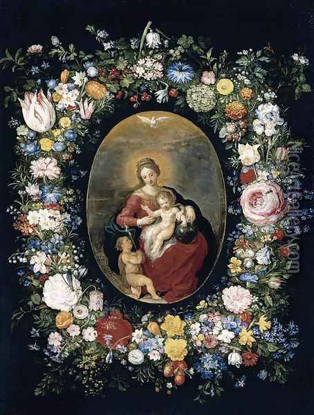 Virgin and Child with Infant St John in a Garland of Flowers Oil Painting - Pieter The Younger Brueghel