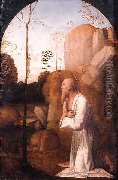 The penitent Saint Jerome in a landscape, in a painted arch Oil Painting - Fra Bartolomeo