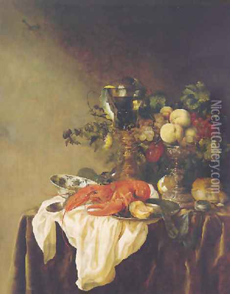 A banketje still life of fruit in a silver tazza, a lobster, a roemer and other objects on a white cloth on a velvet-draped table Oil Painting - Abraham Hendrickz Van Beyeren