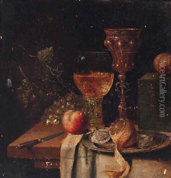 A roemer, a silver-gilt cup, oysters and a peeled lemon on a pewter plate, a knife, a casket with apples and grapes on a partially draped table Oil Painting - Abraham Hendrickz Van Beyeren