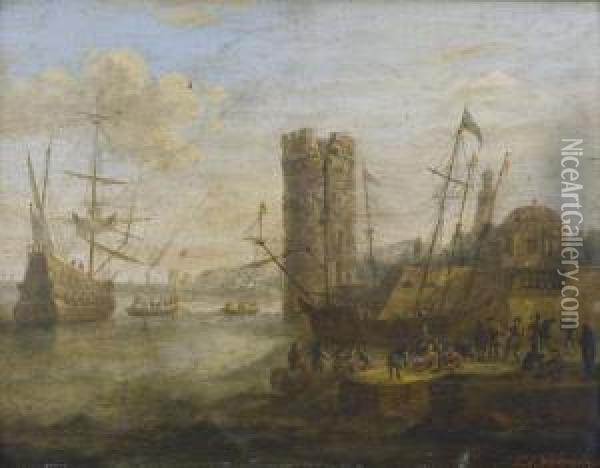 Kustenpartie Mit Segelschiff, Turm Und Staffage Oil Painting - Franz Edmund Weirotter