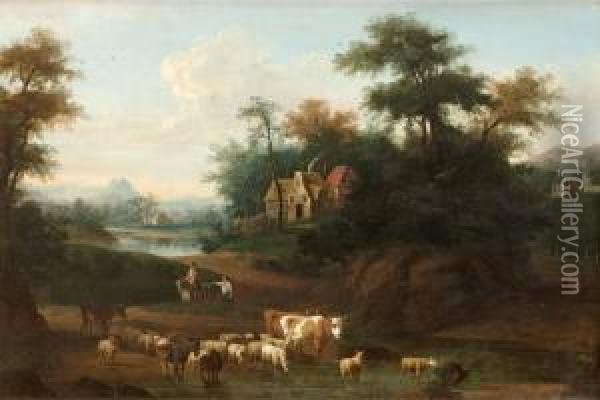 Romantiskt Landskap Med Byggnader, Figurer Och Boskap Oil Painting - Jakob Christoph Weyermann