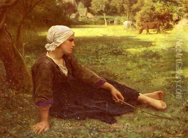 Jeune Fille Gardant Des Vaches (Girl Guarding the Cows) Oil Painting - Jules Breton