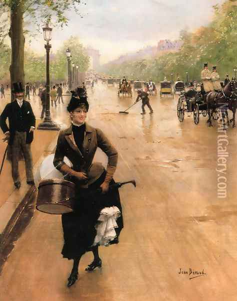 La Modiste Sur Les Champs Elysees (The Milliner on the Champs Elysees) Oil Painting - Jean-Georges Beraud