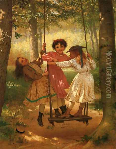 Three Girls on a Swing Oil Painting - John George Brown