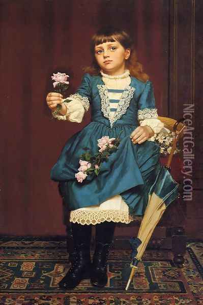 Daisy McComb Holding a Pink Rose Oil Painting - John George Brown