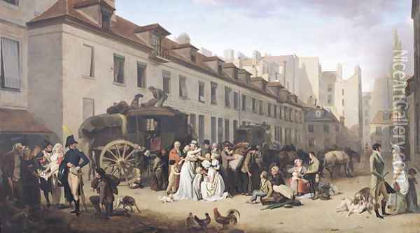 The Arrival of a Stagecoach at the Terminus, rue Notre-Dame-des-Victoires, Paris, 1803 Oil Painting - Louis Leopold Boilly