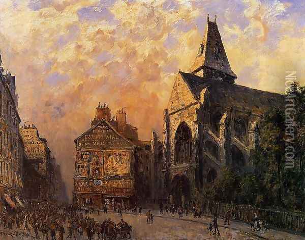 Scene Of A Street In Front Of The Church Of Saint Medard Paris Oil Painting - Frank Myers Boggs