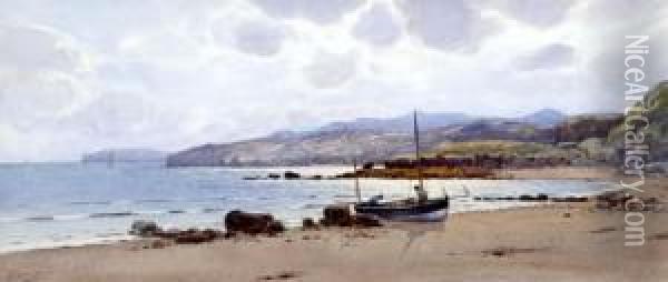 Anglesey Coastal Scene With Beached Fishing Boat Oil Painting - Warren Williams