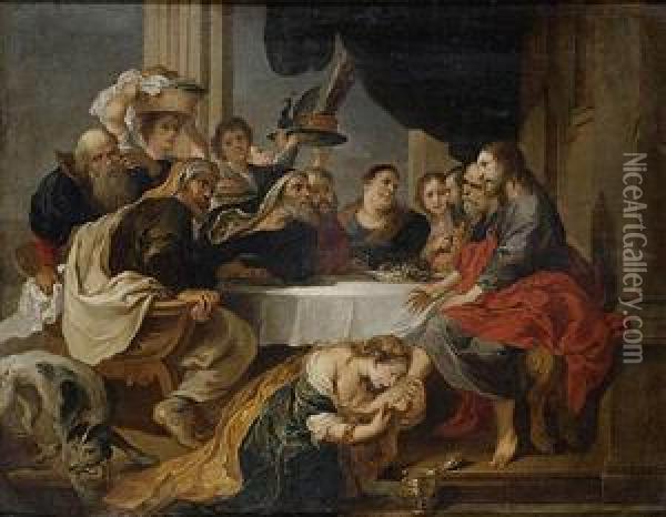 Maria Magdalena Perfumando Los Pies De Cristo (cristo En Casa De Simon El Fariseo) Oil Painting - Victor Wolfvoet