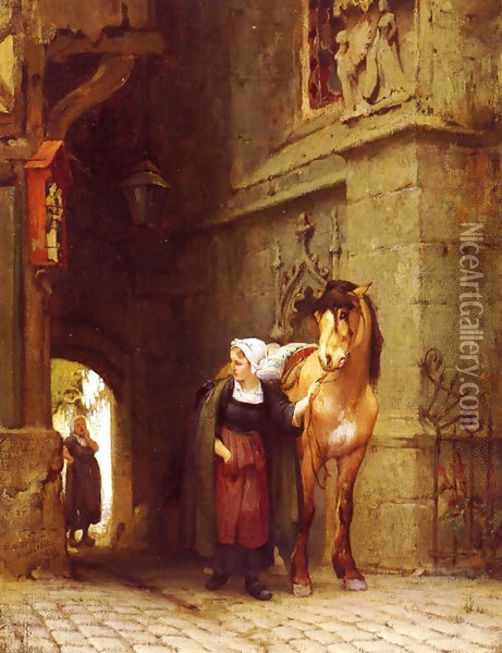 Leading The Horse From Stable Oil Painting - Frederick Arthur Bridgman