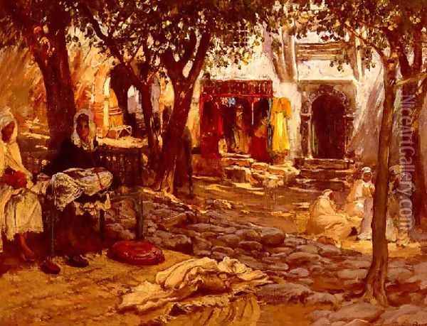 Idle Moments: An Arab Courtyard Oil Painting - Frederick Arthur Bridgman