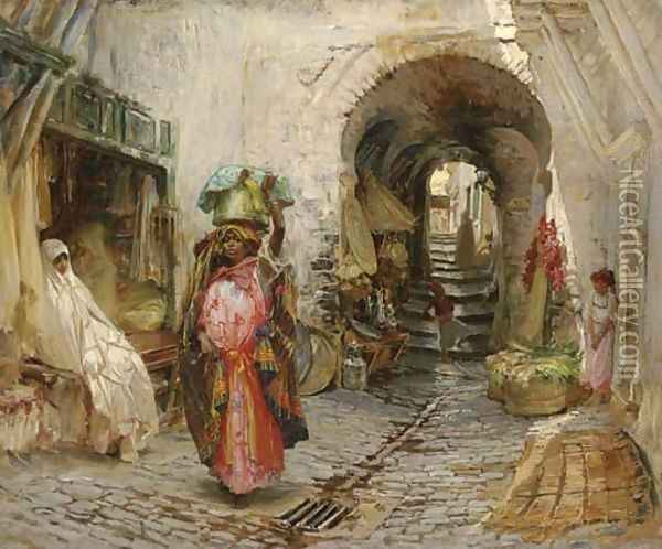 Going to the Bath on rue du Sphinx, Algiers Oil Painting - Frederick Arthur Bridgman
