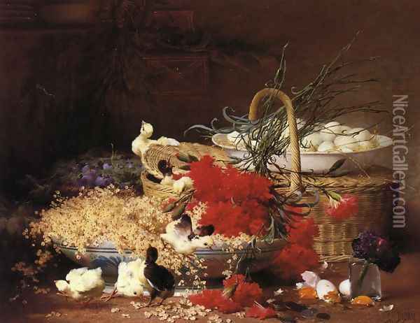 Still Life with Chicks and a Plate of Eggs Oil Painting - Eugene Bidau