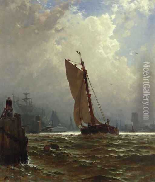 New York Harbor with the Brooklyn Bridge Under Construction Oil Painting - Alfred Thompson Bricher