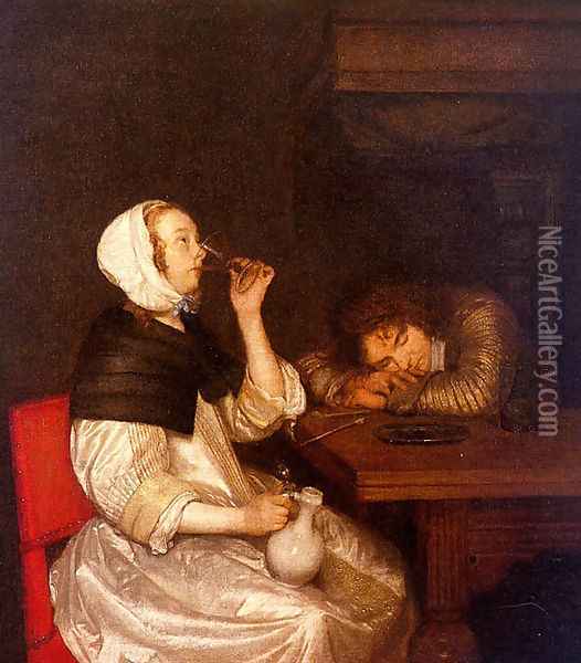 Woman Drinking with Sleeping Soldier 1660s Oil Painting - Gerard Ter Borch